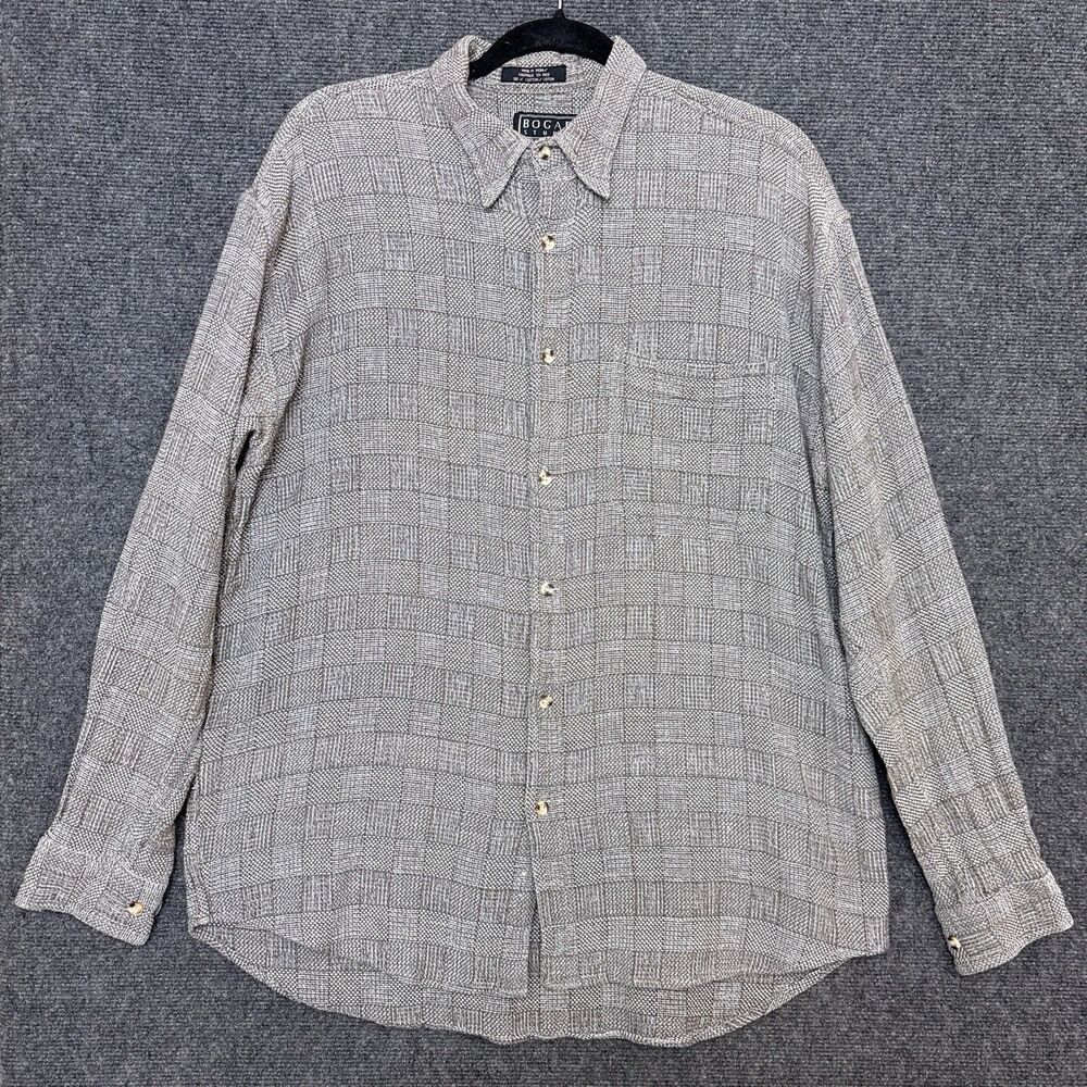 Bogari Studio Mens Button Up XL Brown Plaid Loose Weave Boho Heritage VTG